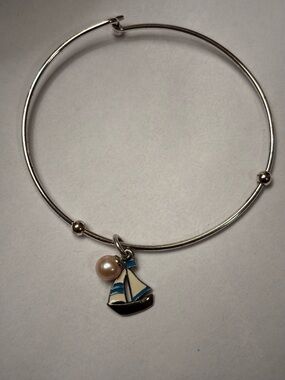 Vantel Pearls Silver Tone Bracelet with Sailboat and Pearl Easy Open/Close Hook